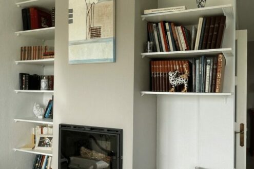 Bibliothèque blanche avec cheminée et peinture moderne