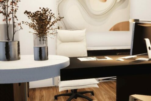 Bureau moderne avec chaise blanche, plantes et décoration murale