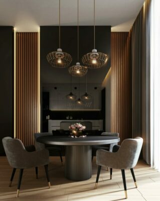 salle à manger avec belle table noir et fauteuils gris